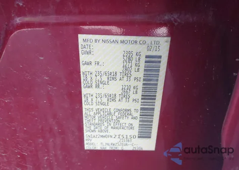 2015 Nissan Murano Sl из США, поврежденный, VIN 5N1AZ2MH0FN215150